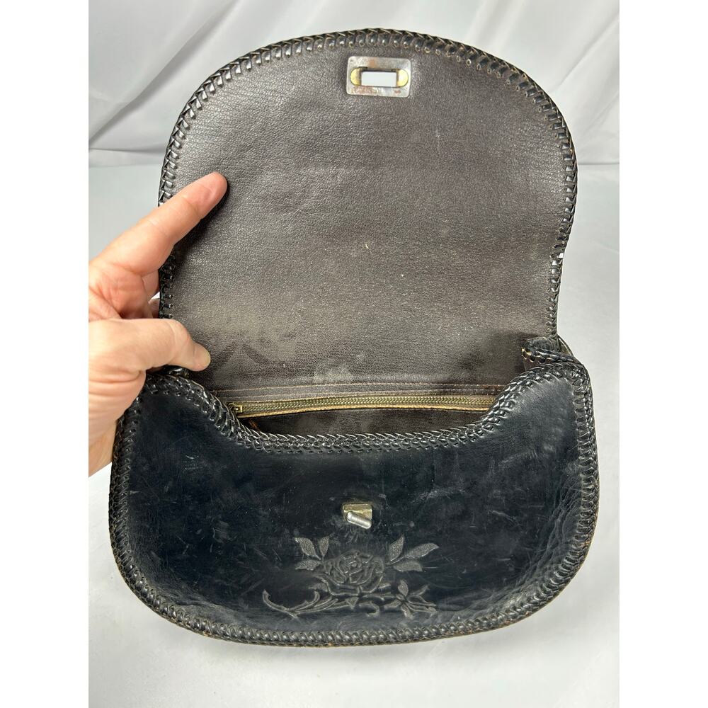 Vintage1940 custom-made curved leather, shoulder bag, black crossbody adjustable - Picture 8 of 13